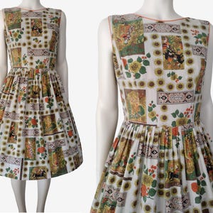 Vintage 1950s Silver Novelty Print Sleeveless Fit and Flare Cotton Dress Size S