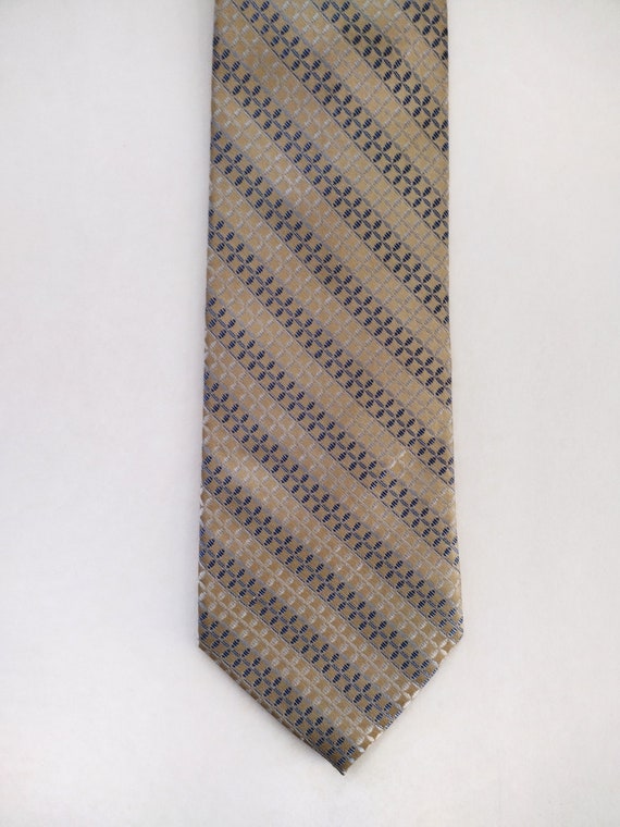 Vintage Tan Metallic Geometric Striped Silk Neck … - image 2