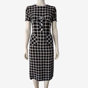 Vintage 1950s Black and White Plaid Short Sleeve Sheath Dress With Pockets Size XS