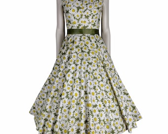 Robe mi-longue ajustée et évasée sans manches en coton à fleurs et nœud dans le dos, vintage des années 1950, taille XXS
