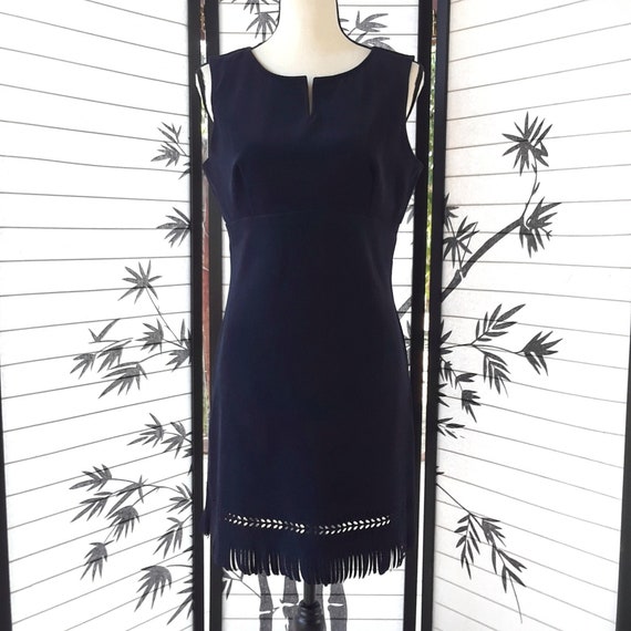 1990s Vintage Navy Blue Poly Suede Fringe Hem She… - image 1