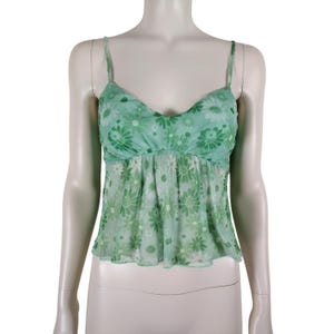 Vintage 1990s Green Floral Mesh Sweetheart Neck Spaghetti Strap Crop Top Size S