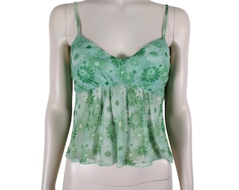 Vintage 1990s Green Floral Mesh Sweetheart Neck Spaghetti Strap Crop Top Size S