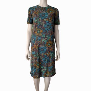 Vintage 1950s Earth Tone Floral Print Short Sleeve Cotton Shift Dress Size S/M