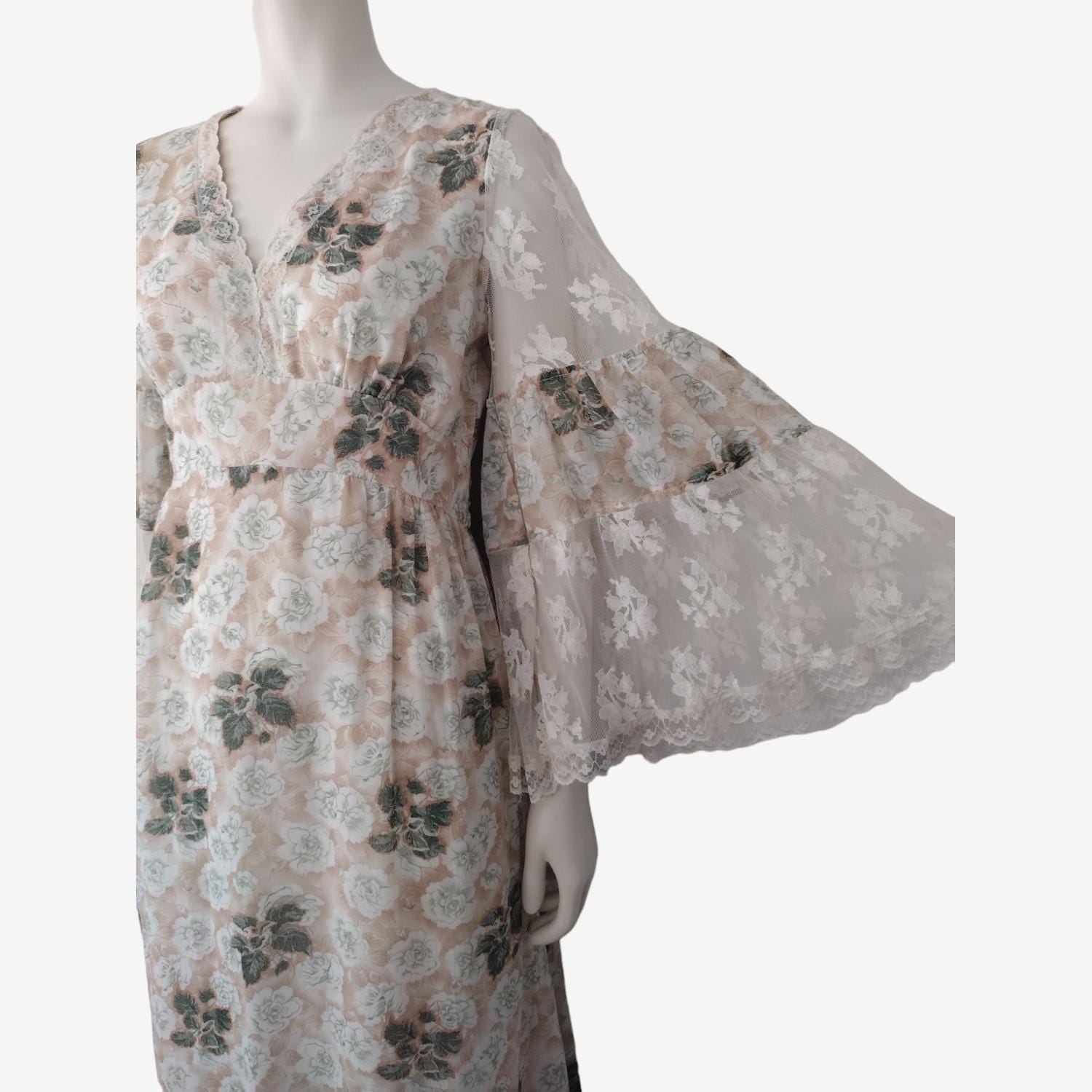 Vintage 1970s Gunne Sax Style Tan Floral Print Lace Bell Sleeve Maxi A ...