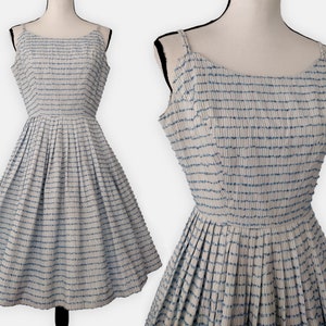 Vintage 1950s White Blue String Sleeveless Fit and Flare Dress Size 4