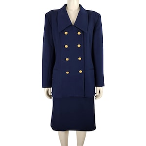 Vintage 1980s Navy Blue Large Collar Double Breasted Skirt Suit Size 12