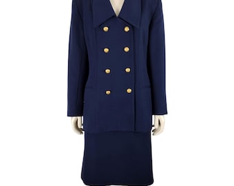 Vintage 1980s Navy Blue Large Collar Double Breasted Skirt Suit Size 12