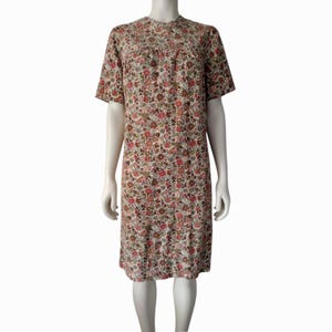 Vintage 1950s Earth Tone Floral Print Short Sleeve Cotton Shift Dress Size S/M