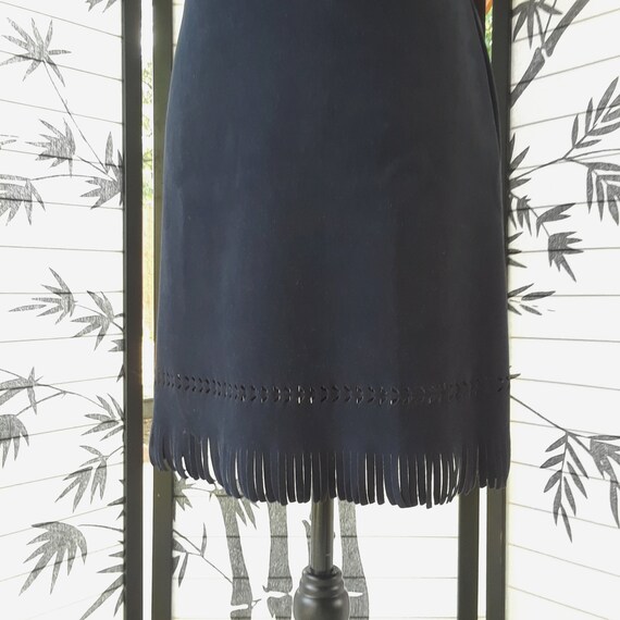 1990s Vintage Navy Blue Poly Suede Fringe Hem She… - image 4