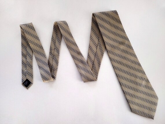 Vintage Tan Metallic Geometric Striped Silk Neck … - image 8