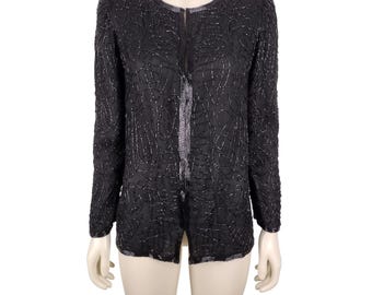 Vintage 1980s Black Pure Silk Beaded Crew Neck Jacket Size Petite Large