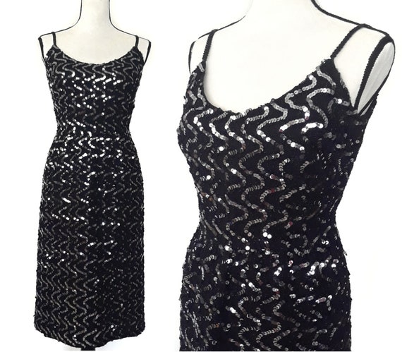 1960s Vintage St Martin Black Sequined Sheath Mid… - image 1