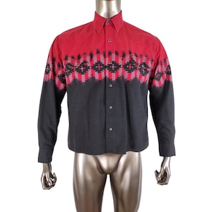 Vintage 1980s Men&#39;s Red and Black Aztec Pearl Snap Button Down Western Shirt Size L