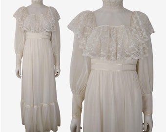 Vintage 1970s Candy Jones Light Cream Victorian Revival Ruffle Mock Neck A Line Maxi Dress Size XXS