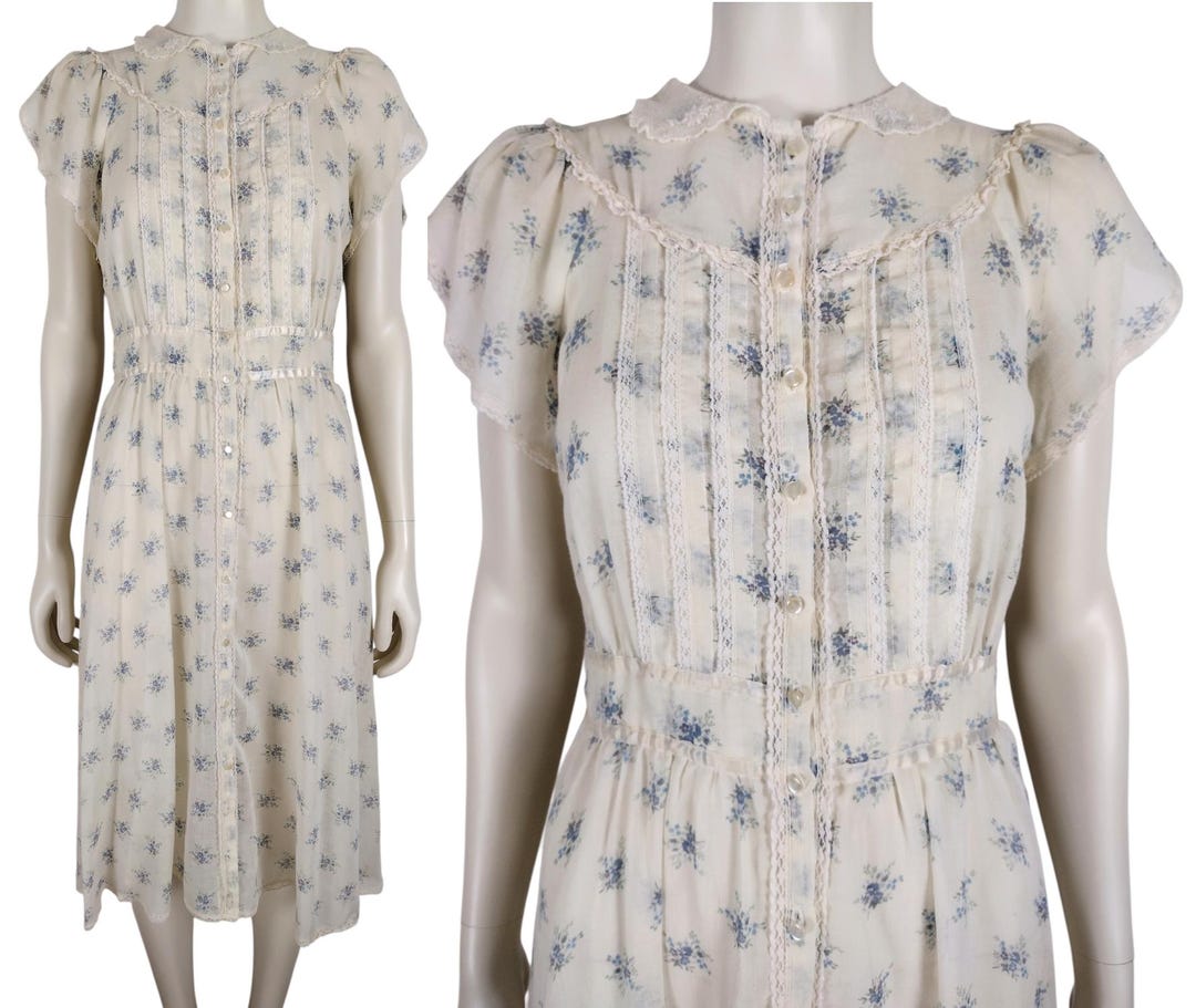 Vintage 1970s Gunne Sax Style Ivory Floral Button Down Midi Prairie ...