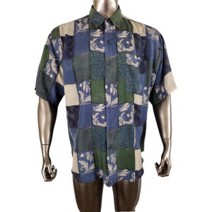 Vintage 1990s 100% Silk Geometric Block Print Causal Button Down Shirt Size XL