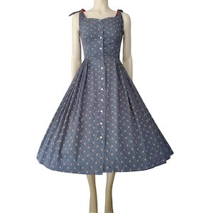 Vintage 1950s Blue Ditsy Floral Print Button Down Fit and Flare Cotton Midi Dress Size XS