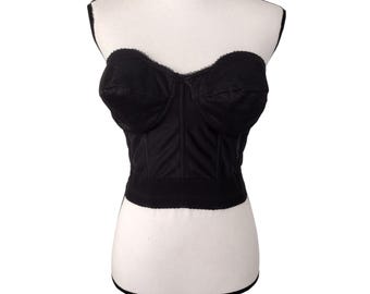 Vintage 1980s Black Lace & Satin Bullet Cup Strapless Corset Bustier 38B