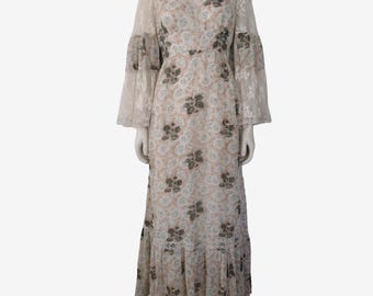 Vintage 1970s Gunne Sax Style Tan Floral Print Lace Bell Sleeve Maxi A Line Prairie Dress Size S