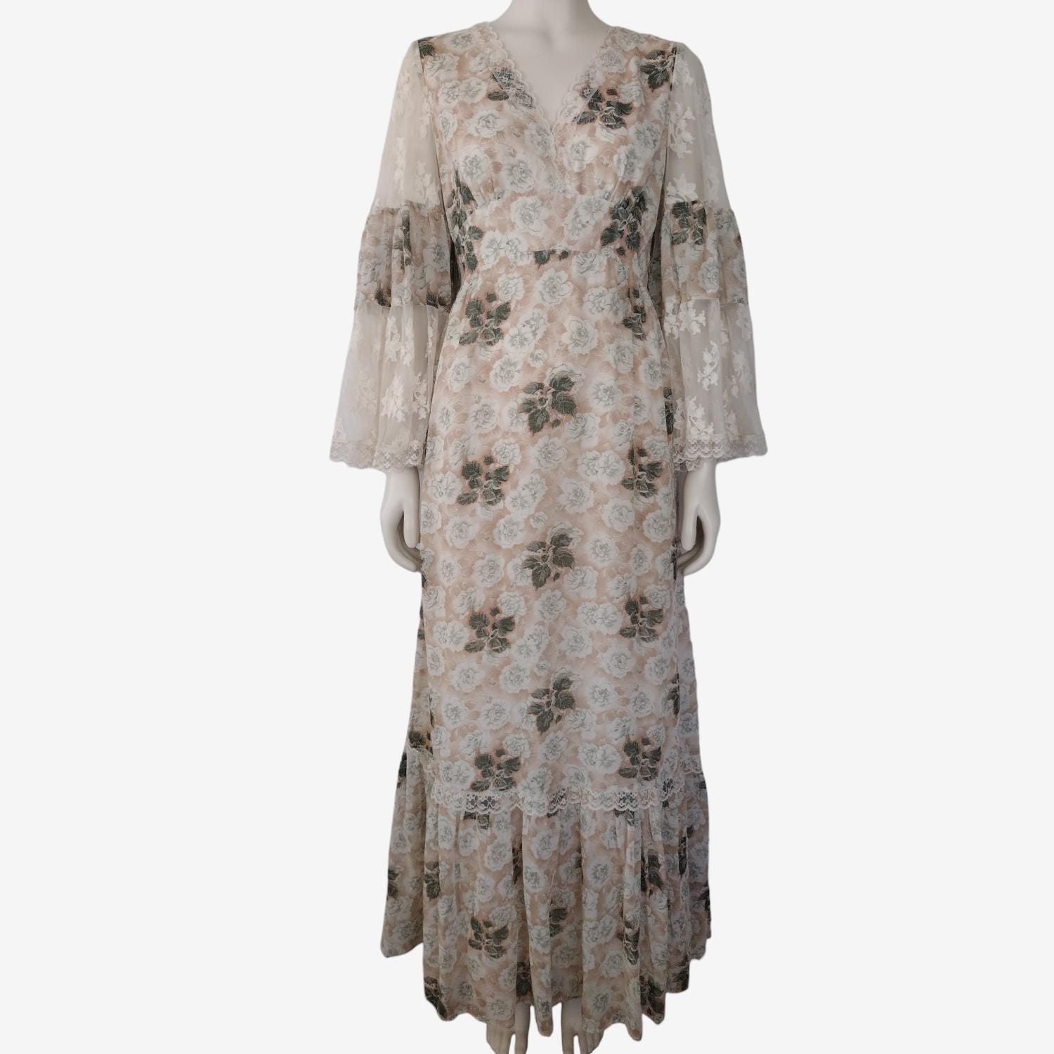 Vintage 1970s Gunne Sax Style Tan Floral Print Lace Bell Sleeve Maxi A ...