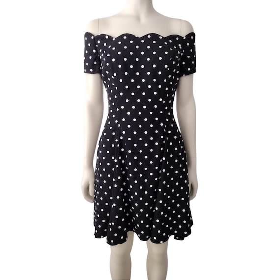 Vintage 1980s Roberta Black and White Polka Dot Off Shoulder Mini Fit and Flare Dress Size 2/4 Vintage 1980s Roberta Black and White Polka Dot Off Shoulder Mini Fit and Flare Dress Size 2/4