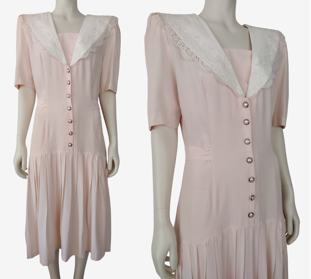 XXL 1980s Pink Formal Dress Silk Beaded Drop Waist