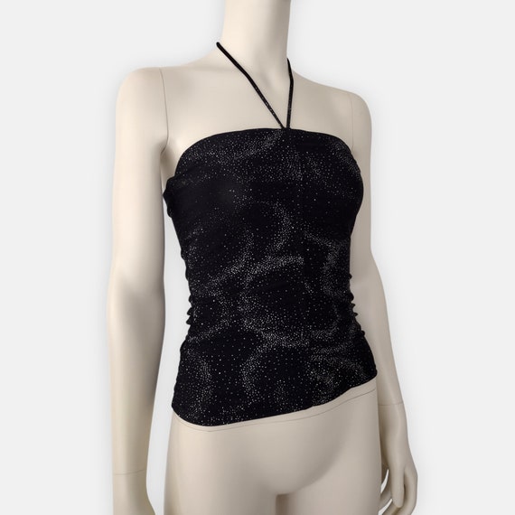 Vintage 1990s Black Glitter Fitted Stretch Knit H… - image 2