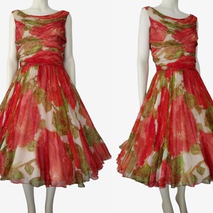 Vintage 1950s Silk Chiffon Abstract Sleeveless Boat Neck Midi Fit and Flare Dress Size 4