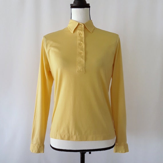Vintage 1970s Yellow Knit Grid Pattern Collared B… - image 1