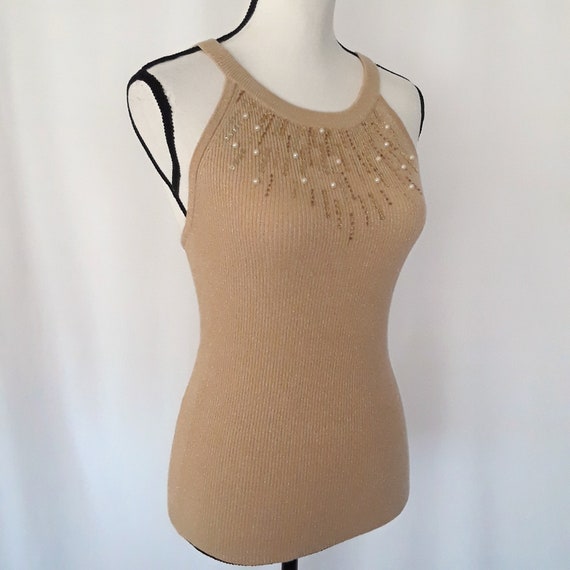 Y2K Vintage Cache Golden Tan Sleeveless Sequin Be… - image 2