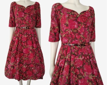 Vintage 1950s Gigi Young Red Cotton Floral Print 1/2 Sleeve A Line Midi Dress Size S - Waist 28