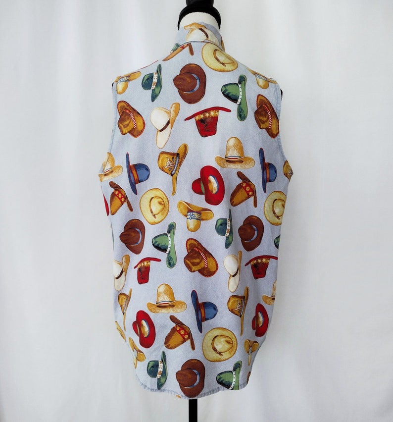 Vintage 1980s Homemade Sleeveless Cowboy Hat Novelty Print Shirt image 5