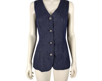 Vintage 1990s Navy Blue Pinstriped Tailored Button Down Vest Size S