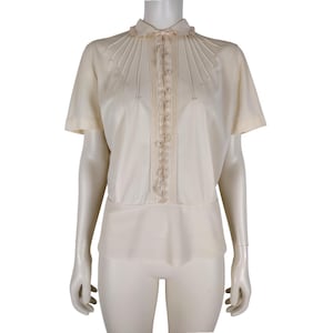 Vintage 1940s Cream Art Deco Beaded Short Sleeve Button Down Nylon Knit Blouse L/XL