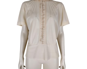 Vintage 1940s Cream Art Deco Beaded Short Sleeve Button Down Nylon Knit Blouse L/XL