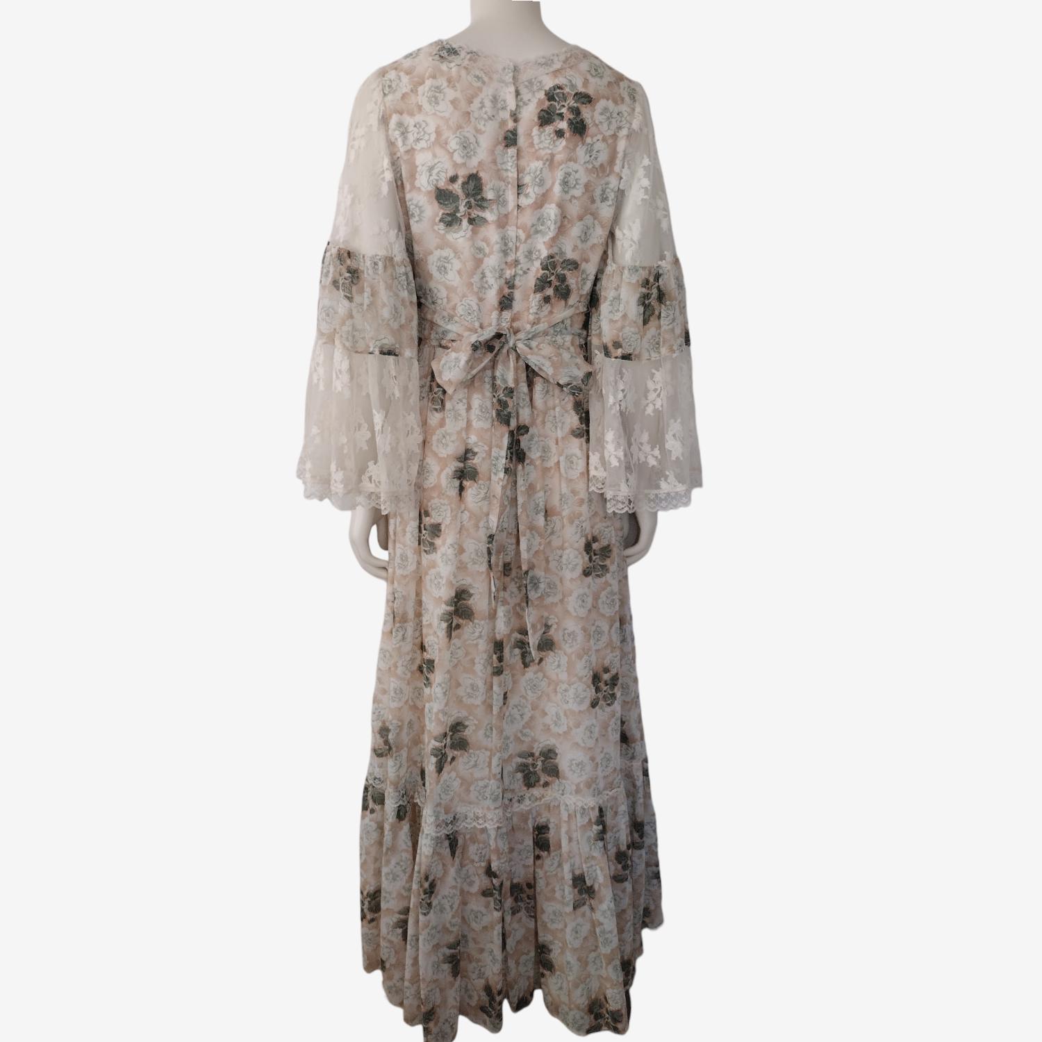 Vintage 1970s Gunne Sax Style Tan Floral Print Lace Bell Sleeve Maxi A ...
