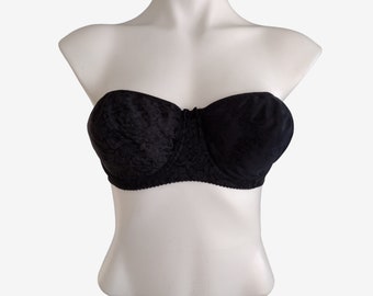 Vintage 1980s Black Strapless Floral Print Lined Underwire Bra Size 38B