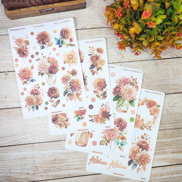 Set jusqu'à 4 feuilles de stickers thème fleurs d'automne dahlia pour vos planner bujo journal scrapbooking monthly weekly journaling