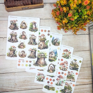Set jusqu'à 5 feuilles de stickers thème forêt intérieur, hérisson arbre et champignons pour vos planners bujo journal scrapbooking, automne