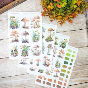 Set jusqu'à 4 feuilles de stickers thème champignons pour vos planner bujo journal scrapbooking monthly weekly planner journaling art book