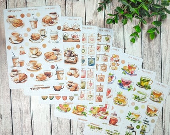 Set jusqu'à 8 feuilles de stickers thème thé et infusion pour vos planner bujo journal scrapbooking monthly weekly journaling