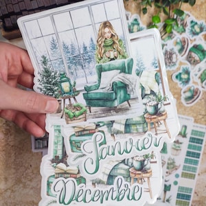 set composto da un massimo di 8 fogli di adesivi e 3 grandi adesivi verdi a tema invernale per il tuo planner bujo scrapbooking journaling Reading Travel
