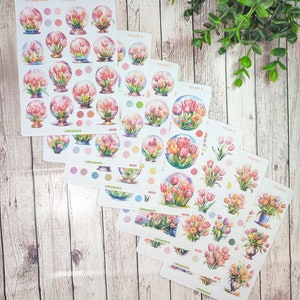 Set jusqu'à 7 feuilles de stickers thème tulipes pour vos planner bujo journal scrapbooking monthly weekly journaling printemps image 1