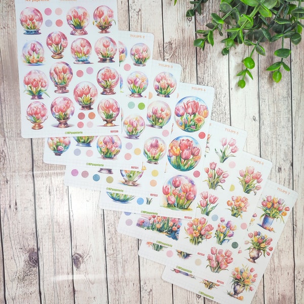 Set jusqu'à 7 feuilles de stickers thème tulipes pour vos planner bujo journal scrapbooking monthly weekly journaling printemps