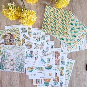 Juego de hasta 8 hojas de pegatinas, temática boho veraniega, pegatinas grandes y papel estampado para tu planificador, bujo, diario, scrapbooking.