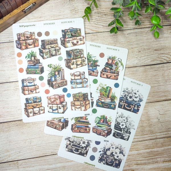 Set jusqu'à 3 feuilles de stickers thème valises voyage et vintage pour vos planner bujo journal scrapbooking monthly weekly planner