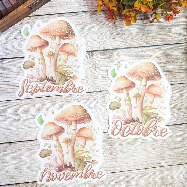 Gros sticker thème champignons en calligraphie mois de l'automne septembre octobre ou novembre pour vos planner bujo journal scrapbooking