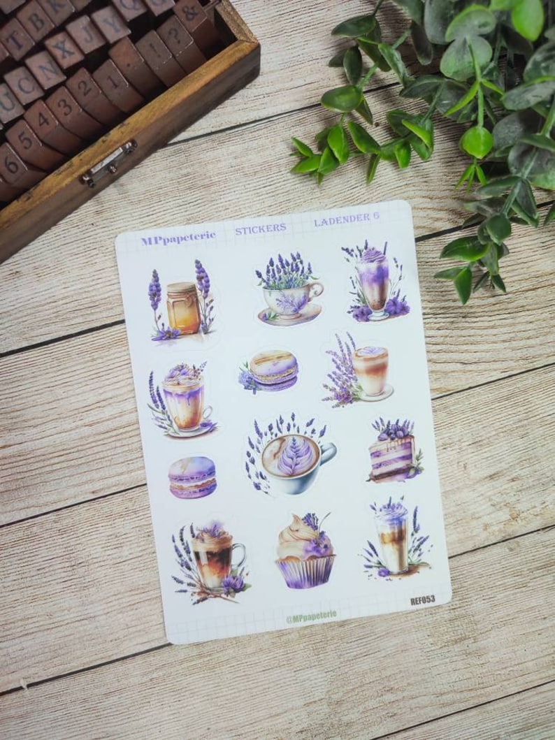 Set jusqu'à 8 feuilles de stickers thème lavande, café lavande, dessert lavande, vintage lavande pour bullet journal scrapbooking planner Lavender 6