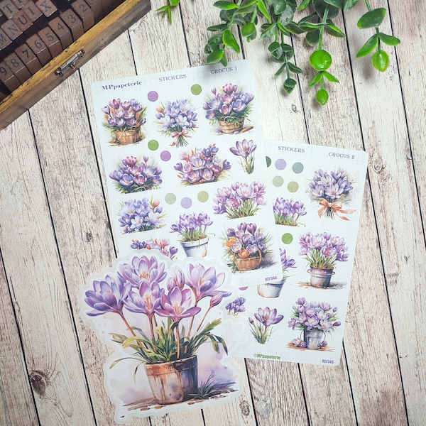 Set jusqu'à 2 planches et un gros sticker thème crocus et printemps pour vos planner bujo journal scrapbooking monthly weekly journaling